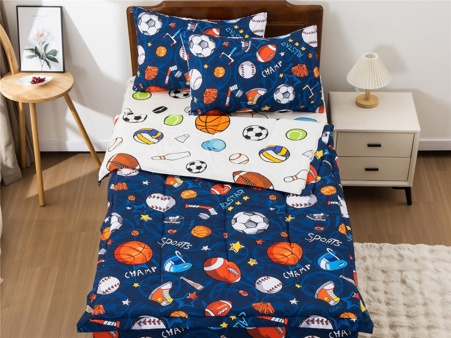 NTBED Sport Basketball Printed Zipper Bedding Sets Twin Lightweight Microfiber Football Comforter Sets with Fitted Sheet Pillow Covers,Blue