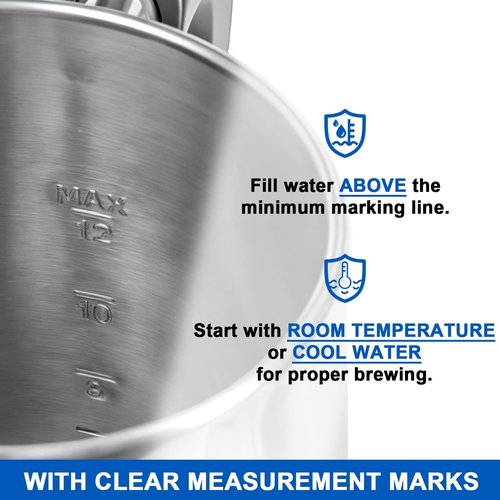 Electric coffee maker, 12-cup capacity, stainless steel construction, automatic heating with boil-dry protection, heat-resistant handle design, 360° swivel base, transparent brewing indicator.
