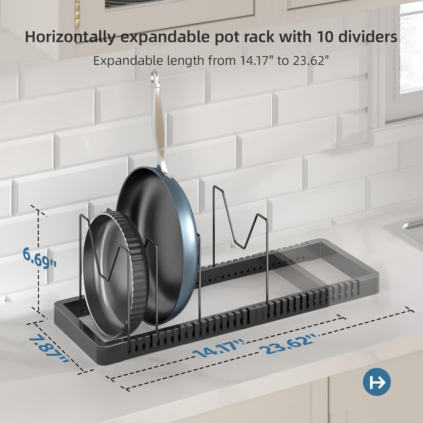 PanPanPal Pots and Pans Organizer - Expandable Under Cabinet Lid Holder with 10 Adjustable Compartments | Black Kitchen Storage Solution