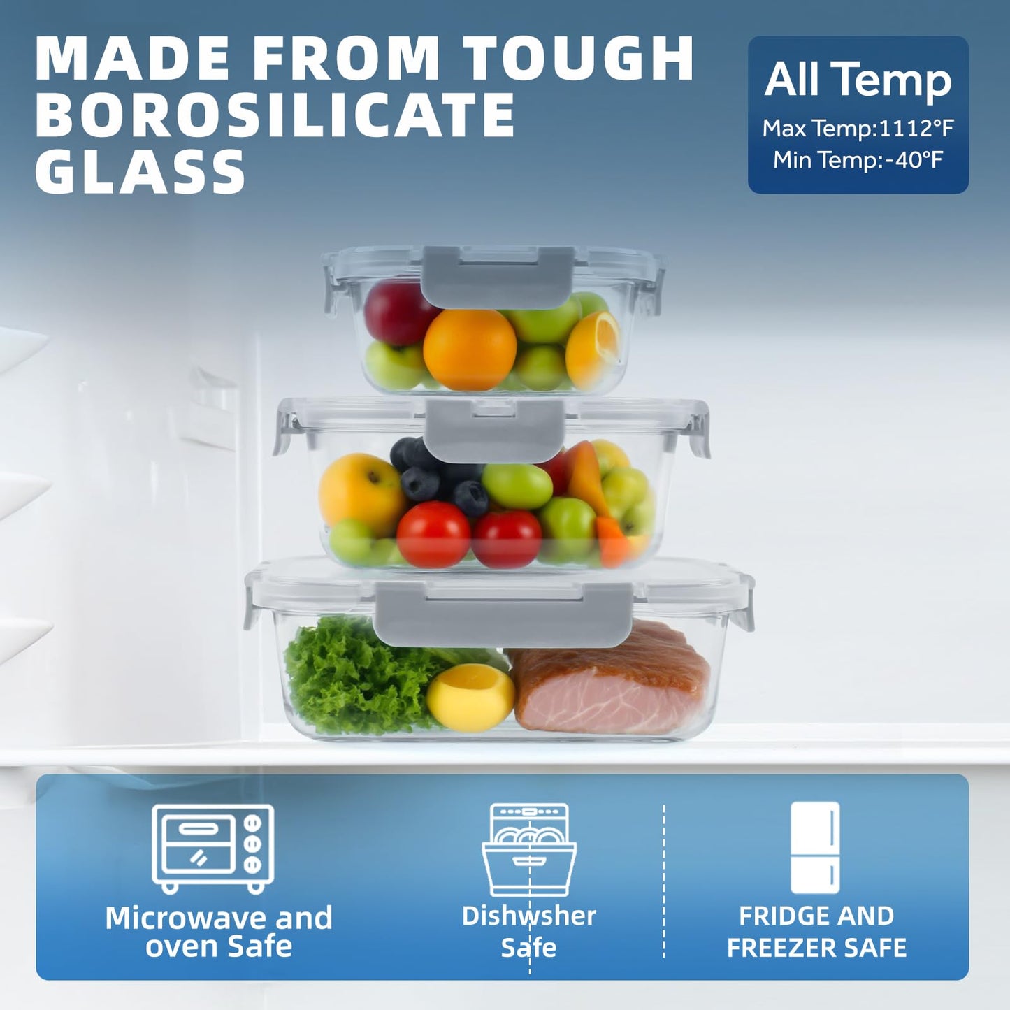 BYLWORKOUT 24 Piece Glass Storage Containers with Lids - Leak Proof, Dishwasher Safe Glass Food Storage Containers for Meal Prep or Leftovers (Blue)