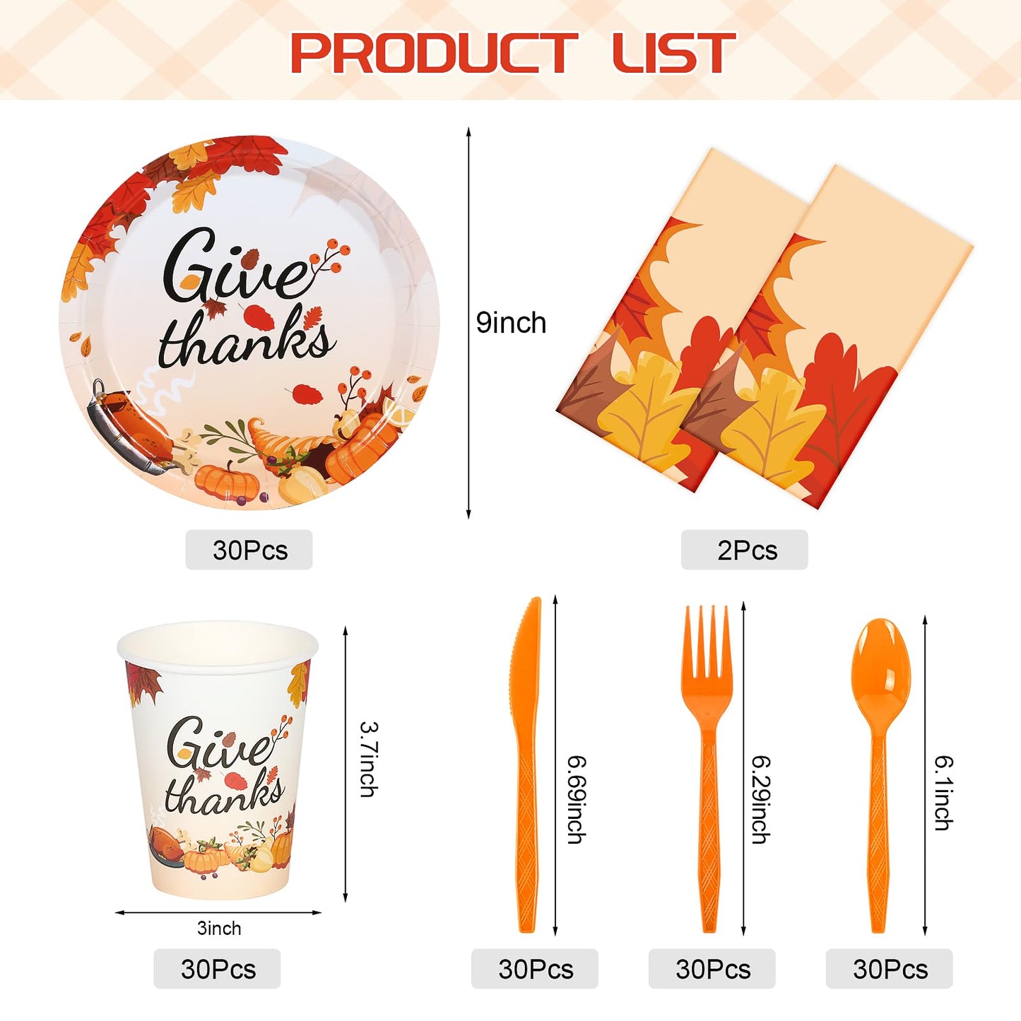 Childom 152Pcs Thanksgiving Plates and Cups,Disposable Thanks Giving Dinnerware Set,Thanksgiving Decorations,Thanks Giving Party Supplies,Give Thanks Tablecloth Plates Cups Forks Knives Spoon,Serve 30