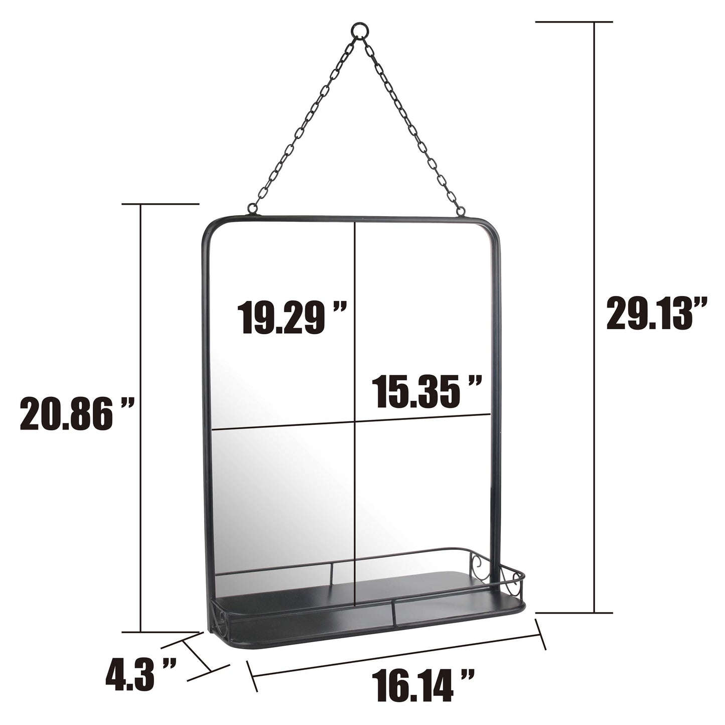 Stonebriar 21" x 16" Rectangle Black Metal Wall Mirror with Hanging Chain and Shelf, Decorative Industrial Decor for the Living Room, Bedroom, Bathroom, Hallway, and Entryway