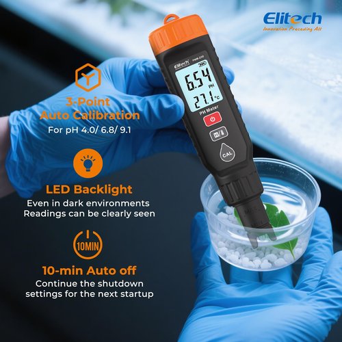 Elitech Professional pH Pen Meter - Digital Tester for pH & Temperature in Hydroponics, Growing Solutions with Full Calibration Kit for Plant Health, PHM-230