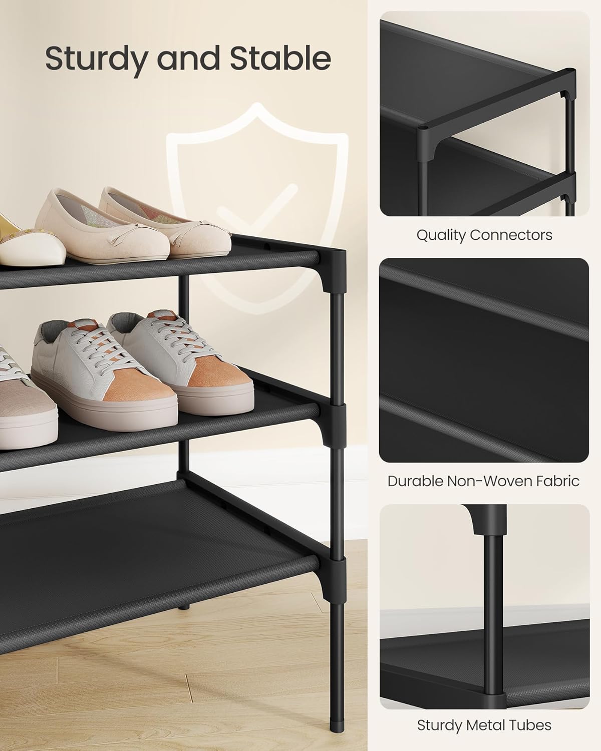 SONGMICS Shoe Rack - 2-Tier Space-Saving Organizer | Metal Frame, Non-Woven Fabric Shelves, Ink Black, 11.7 x 36.1 x 12.2 Inches