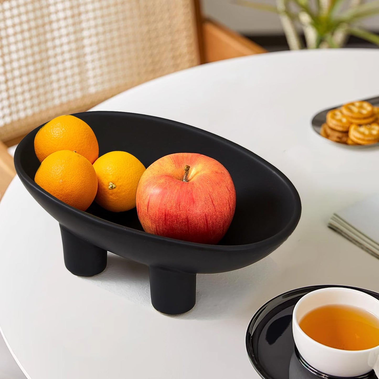 Samchilderlan Ceramic Fruit Bowl for Kitchen Counter, Three-Legs Decorative Bowl for Table Settings, Modern Fruit Bowl for Home Decor, 10inch Large Centerpiece Bowl for Breads Nuts (Black)
