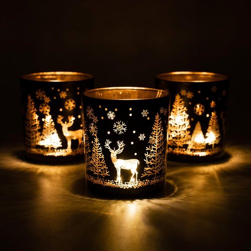 Black And Gold Glass Tealight Candle Holders Set Of 3 | Christmas Elk, Tree, Snowflake Design