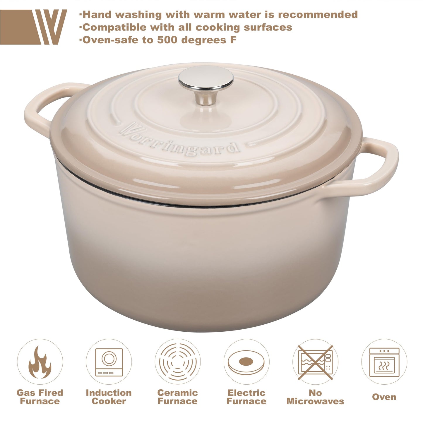 VORRINGARD Enameled Cast Iron Dutch Oven Pot with Lid, for Sourdough Bread Baking, Round Dutch Ovens, 4.5 Quart, Latte