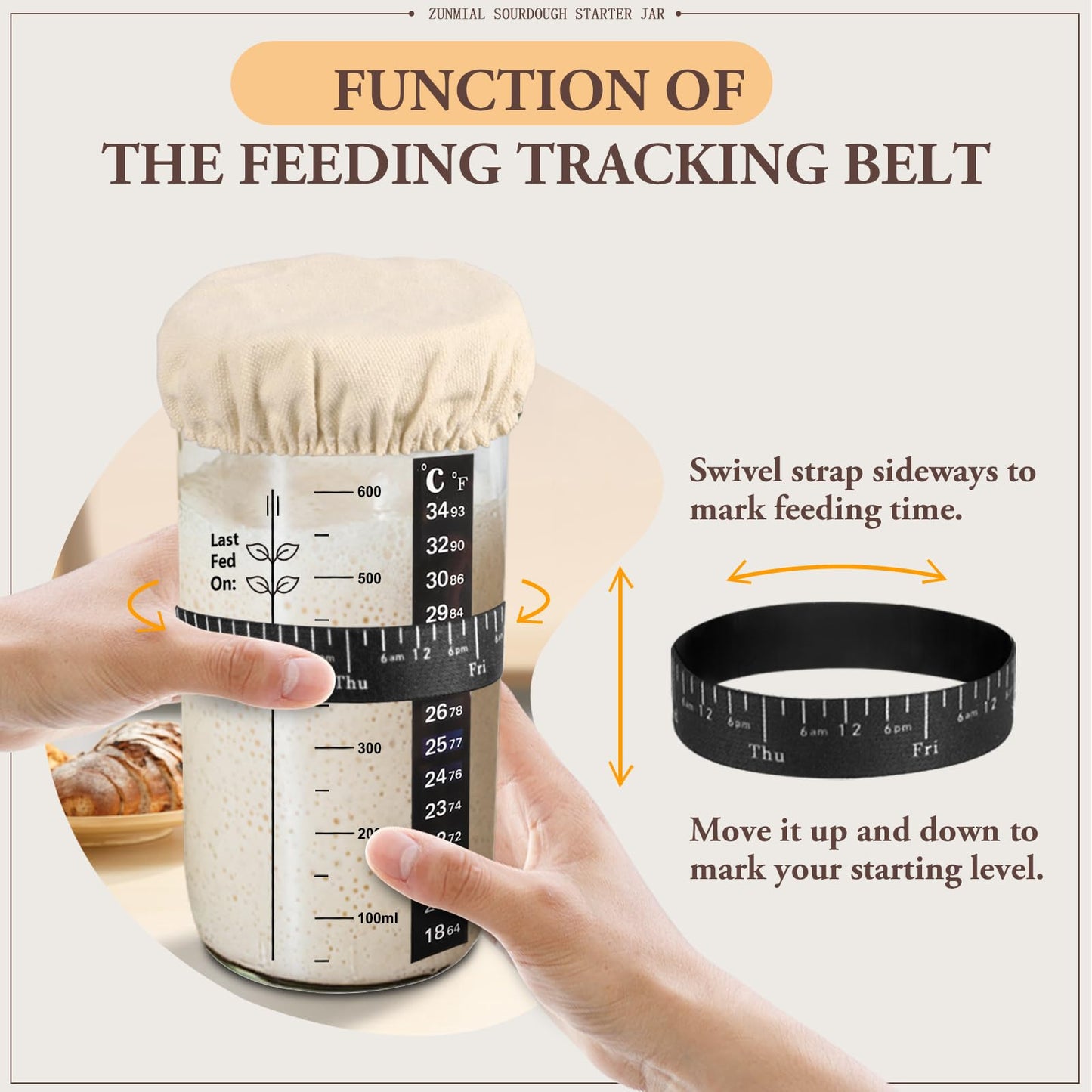 zunmial Sourdough Starter Jar, 24 oz Sourdough Starter Kit with Date Marked Feeding Band, Thermometer, Cloth Cover & Metal Lid, Reusable Sourdough Bread Baking Supplies, Home Baking Supplies