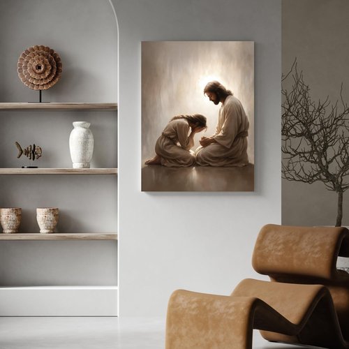 FASWQ Framed Jesus and Woman Wall Art - Christian Canvas Painting for Home Decor | 12x16 Inch