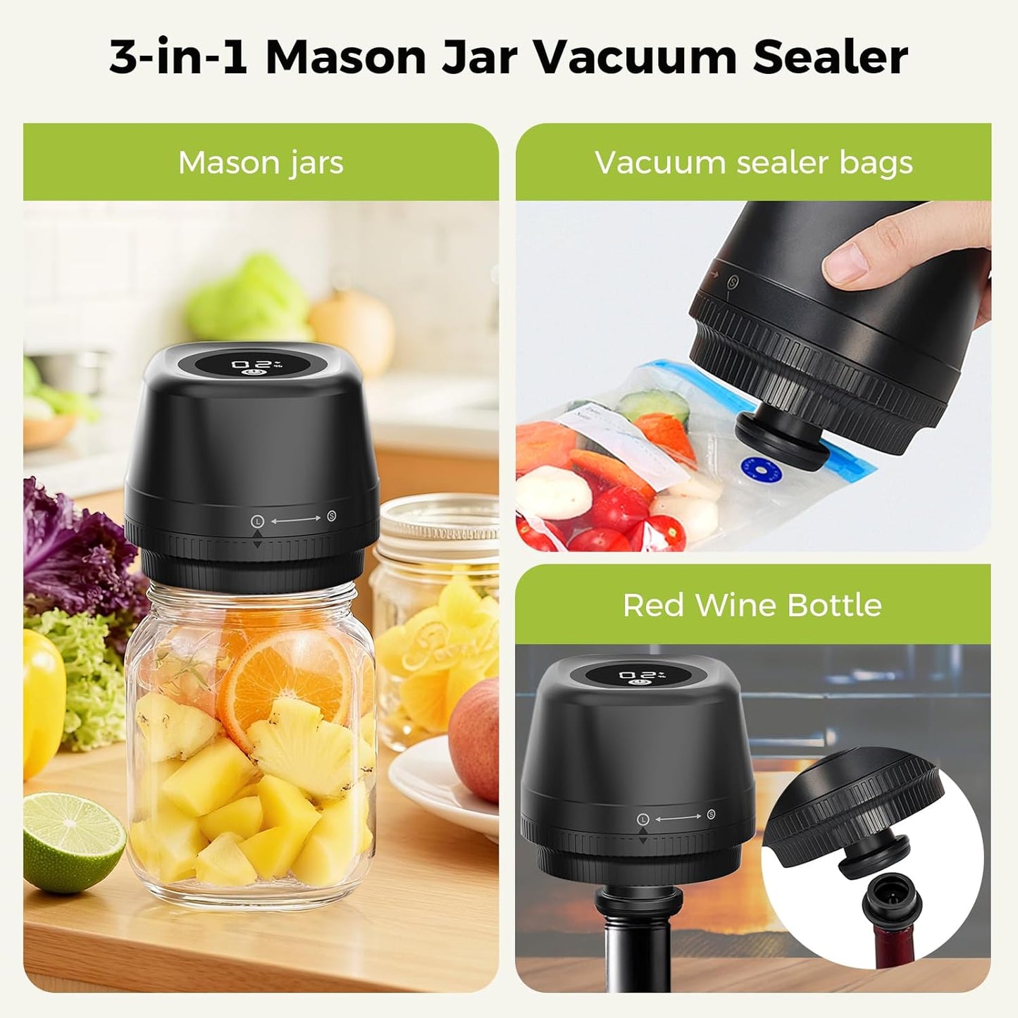 Newise Electric Mason Jar Vacuum Sealer - 3-in-1 Automatic Kit for Canning | Portable with Wide & Regular Mouth Lids