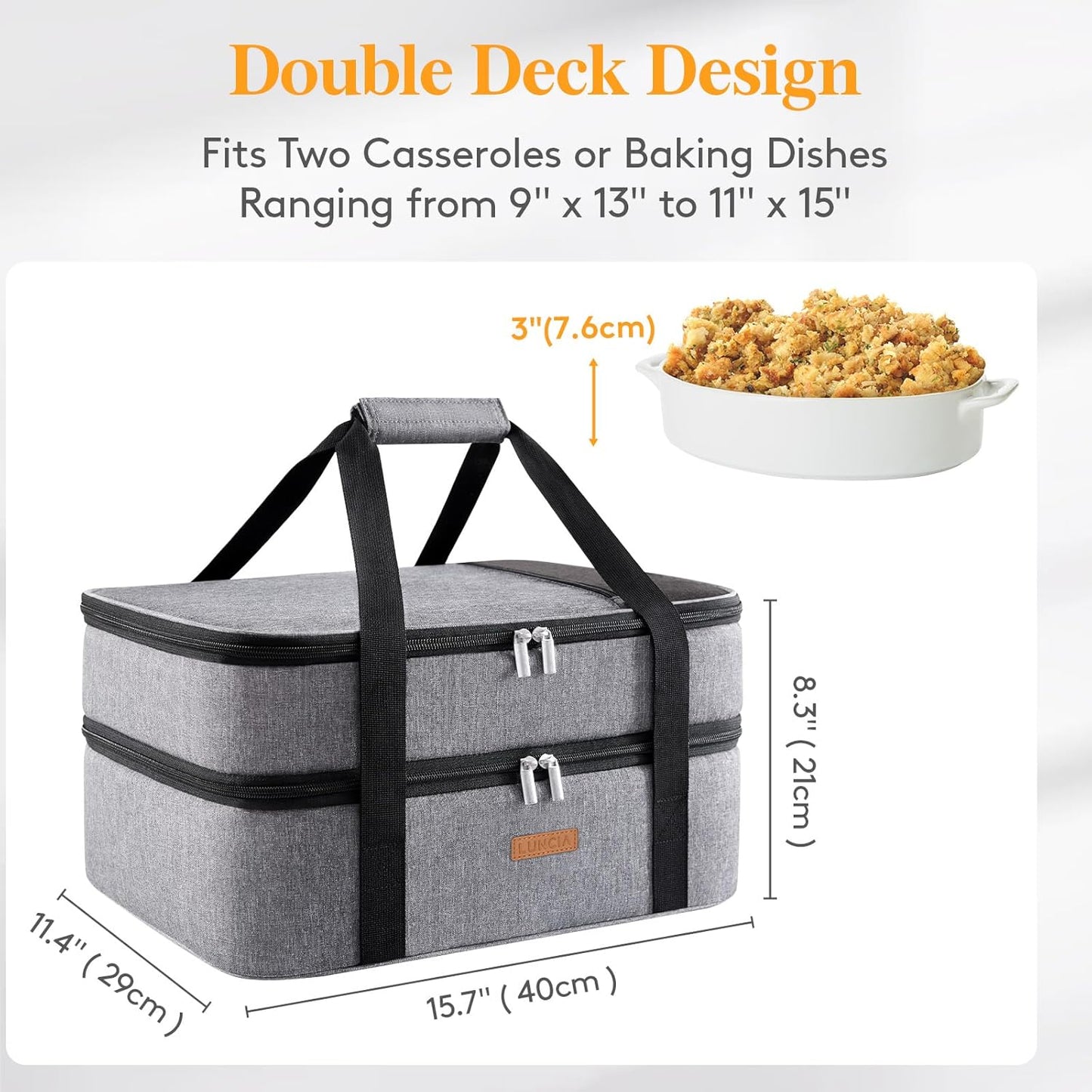 LUNCIA Insulated Casserole Carrier - Double Decker Thermal Tote Keeps Food Hot or Cold | Fits 9" x 13" Dish, Grey