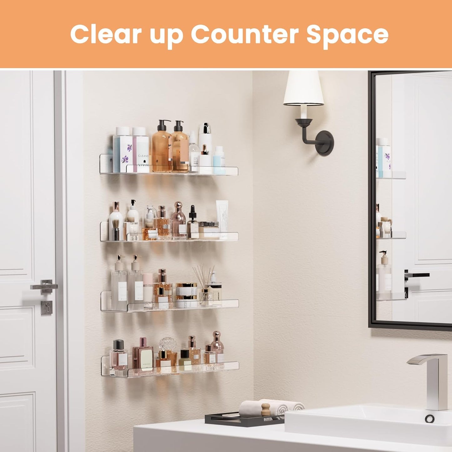Upsimples Acrylic Floating Shelves - 15" Wall Organizer for Bathroom, Bedroom & Nursery | Clear 4-Pack
