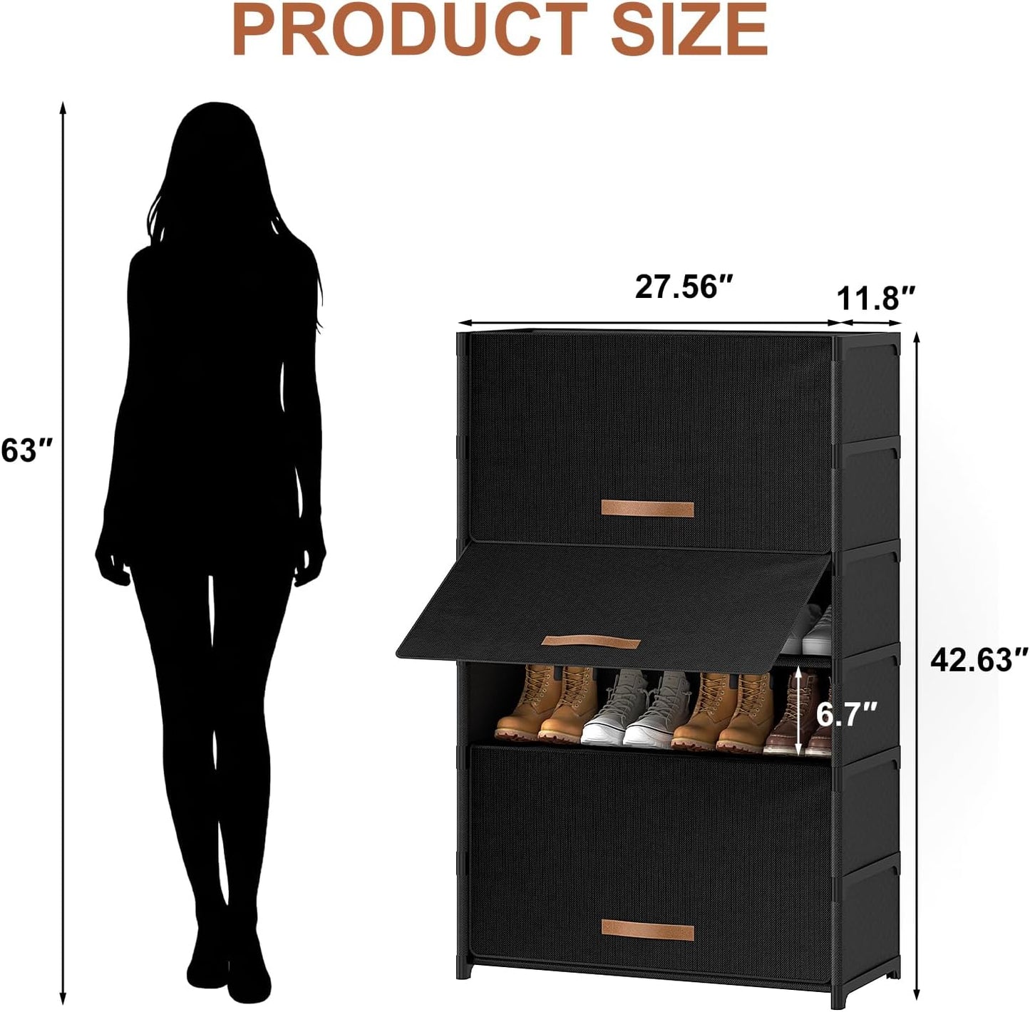Skiennix 7-Tier Shoe Rack - 28 Pair Plastic Storage Cabinet with Door for Closet & Entryway | Black