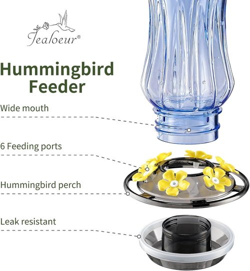Jealoeur Hummingbird Feeder - 18 OZ Outdoor Feeder with 6 Bee Guard Ports & Ant Moat | Easy to Clean, Blue