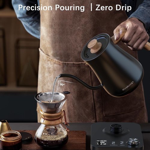 Gooseneck Electric Kettle - ±1℉ Temperature Control for Perfect Pour-Over Coffee & Tea | 1200W, 0.8L, Black Wooden