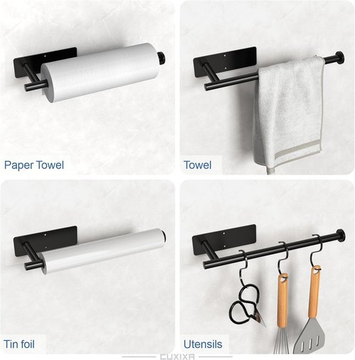 CUXIXA Under Cabinet Paper Towel Holder - Wall Mount 2-Pack with Self-Adhesive & Screws | Stainless Steel, Black
