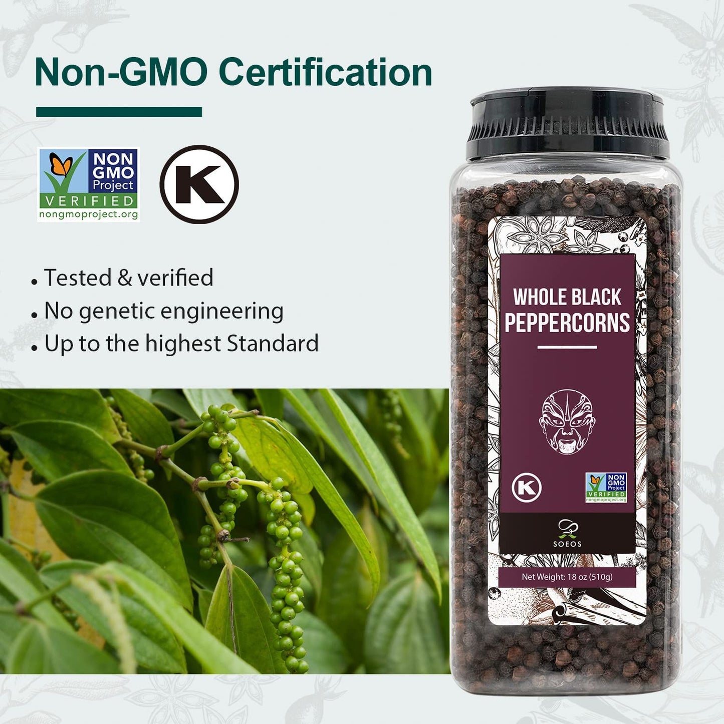 Soeos Himalayan Pink Salt & Whole Black Peppercorns Set - Coarse Grain, Non-GMO, Kosher | 39 oz & 18 oz