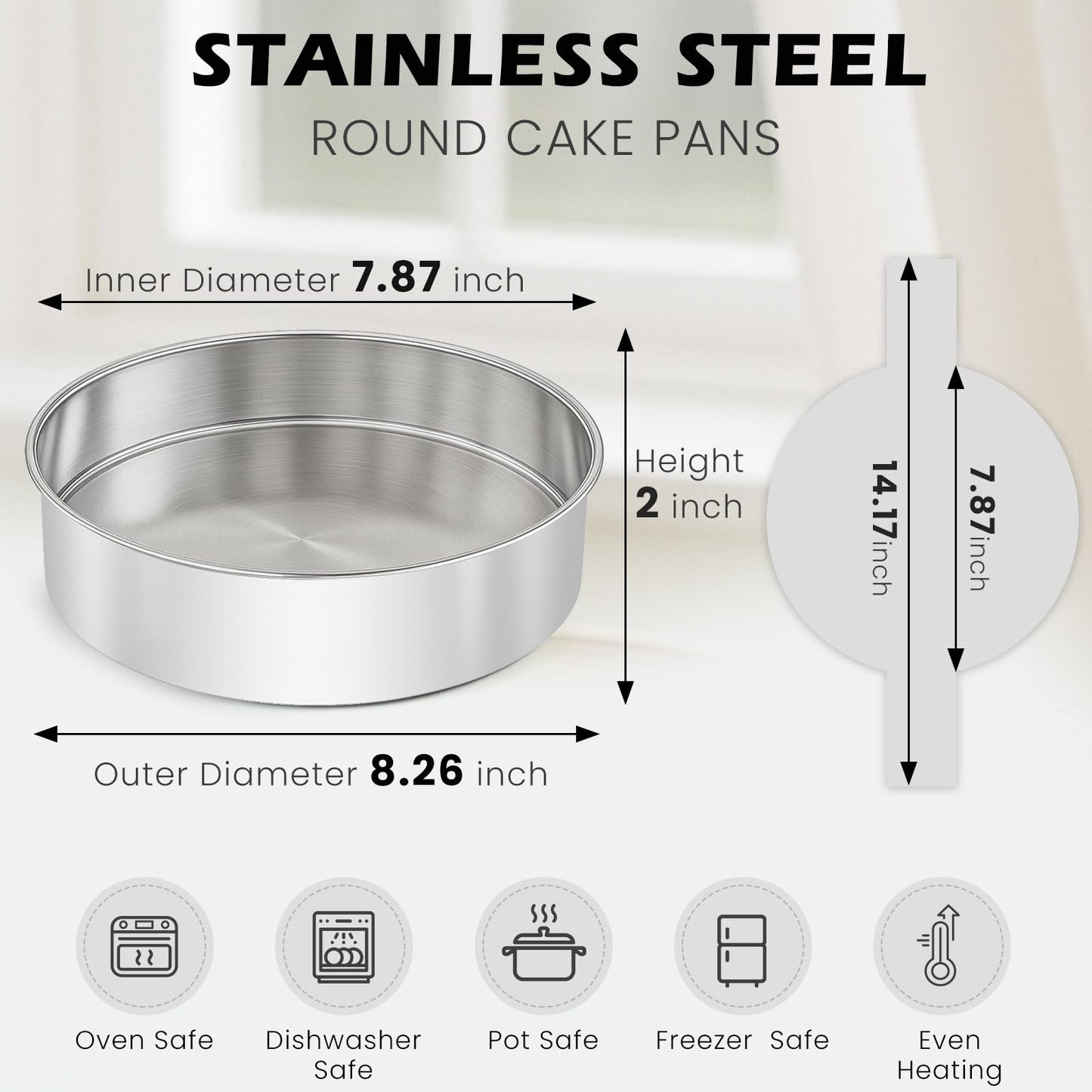 tutikuki 8 Inch Cake Pan - 3PCS Stainless Steel Round Layer Cake Baking Pans with 100 PCS Parchment Paper, Round Bakeware for Party Birthday Wedding, Mirror Finish & Dishwasher Safe