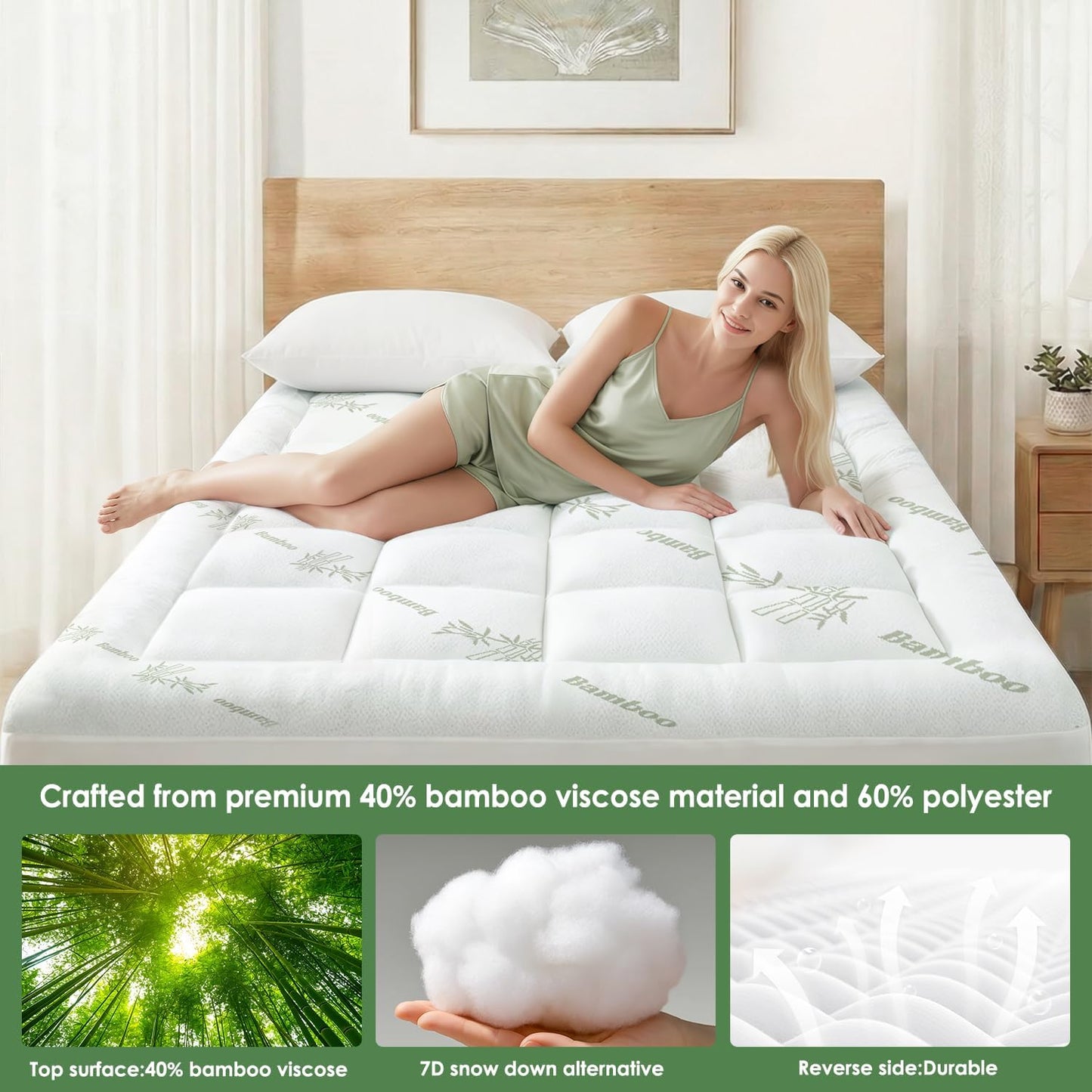 Skiennix Queen Mattress Topper - Cooling Bamboo Viscose Pillow Top Pad for Deep Pocket Mattresses, Green