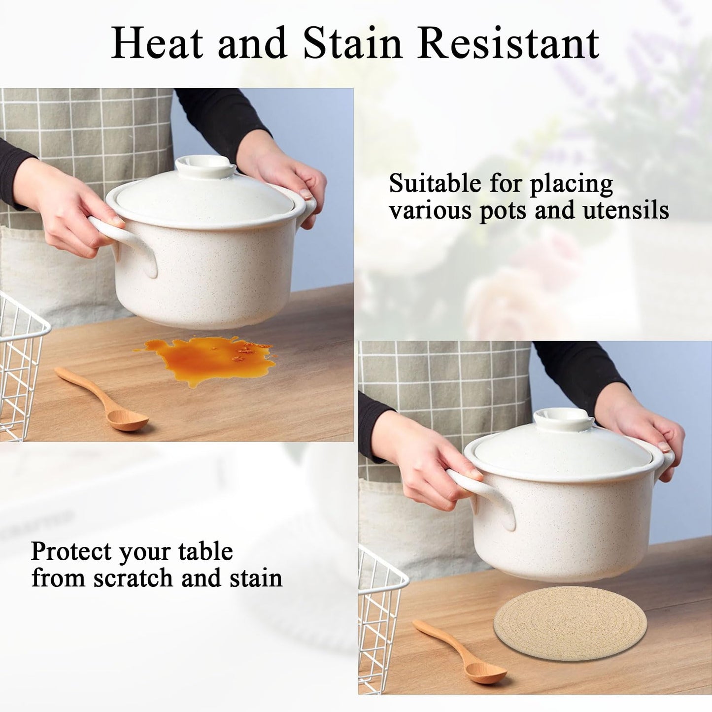 SHACOS 8 Inches Trivets for Hot Dishes, Pot Holders for Hot Pots and Pans, Handmade Cotton Woven Trivets Set, Heat-Resistant Hot Pads Plate Mats for Kitchen Countertops, Table Decor (Khaki, 4pcs)