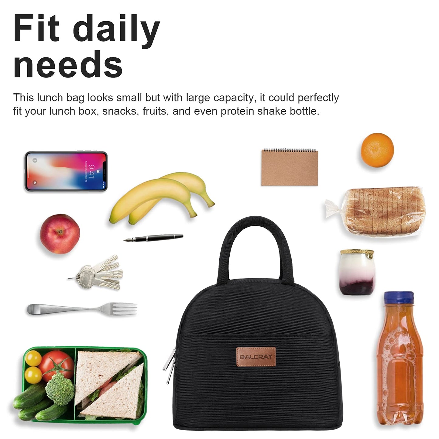 BALORAY Lunch Bag for Women Men Insulated Lunch Box for Adult Reusable Lunch Tote Bag for Work, Picnic or Travel (Solid Black)