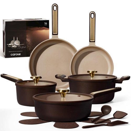 CAROTE Pots and Pans Set Nonstick, 16pcs Cookware Set Nonstick Non-Toxic & PFOA&PFOS-Free, Dishwasher, RV/Camping Cookware Set, Cooking Pots with Lids, Brown