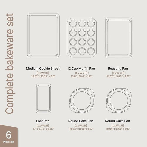BAKKEN 6-Piece Baking Pan Set | Commercial Grade Carbon Steel, Nonstick & Space-Saving Design, Oven Safe Up To 450°F, Brown