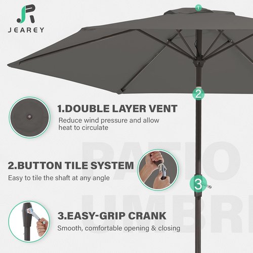 JEAREY 7.5FT Patio Umbrella - Market Table Umbrella with Push Button Tilt & Crank | Gray Outdoor Shade for Garden, Deck, and Pool