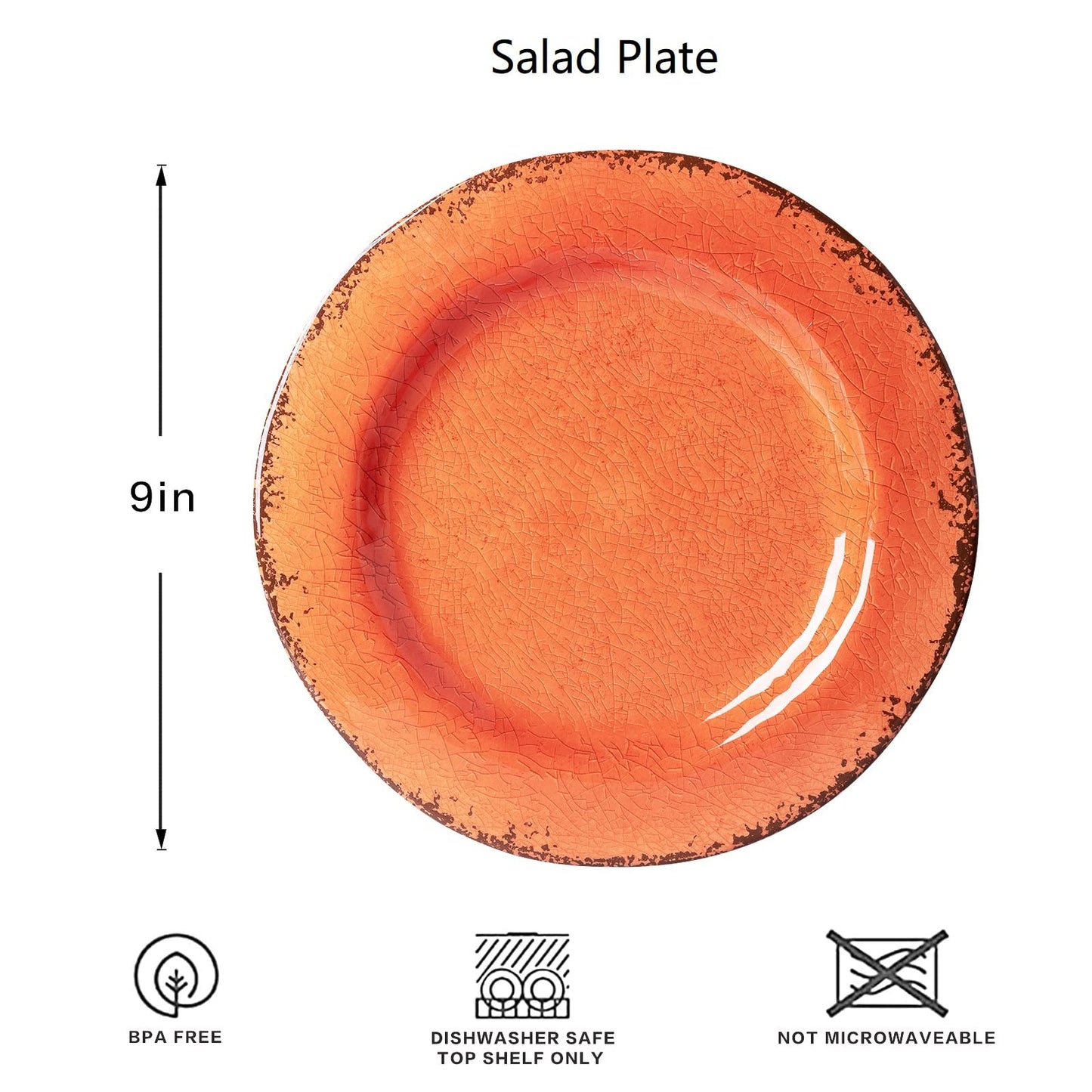 LEHAHA Melamine Salad/Dessert Plates, Crackled Design Plates Set of 6, 9 inch Small Dinner Plates, Modern Rustic Kitchen Serving Dishes for Party, Picnic and Camping Use, Orange