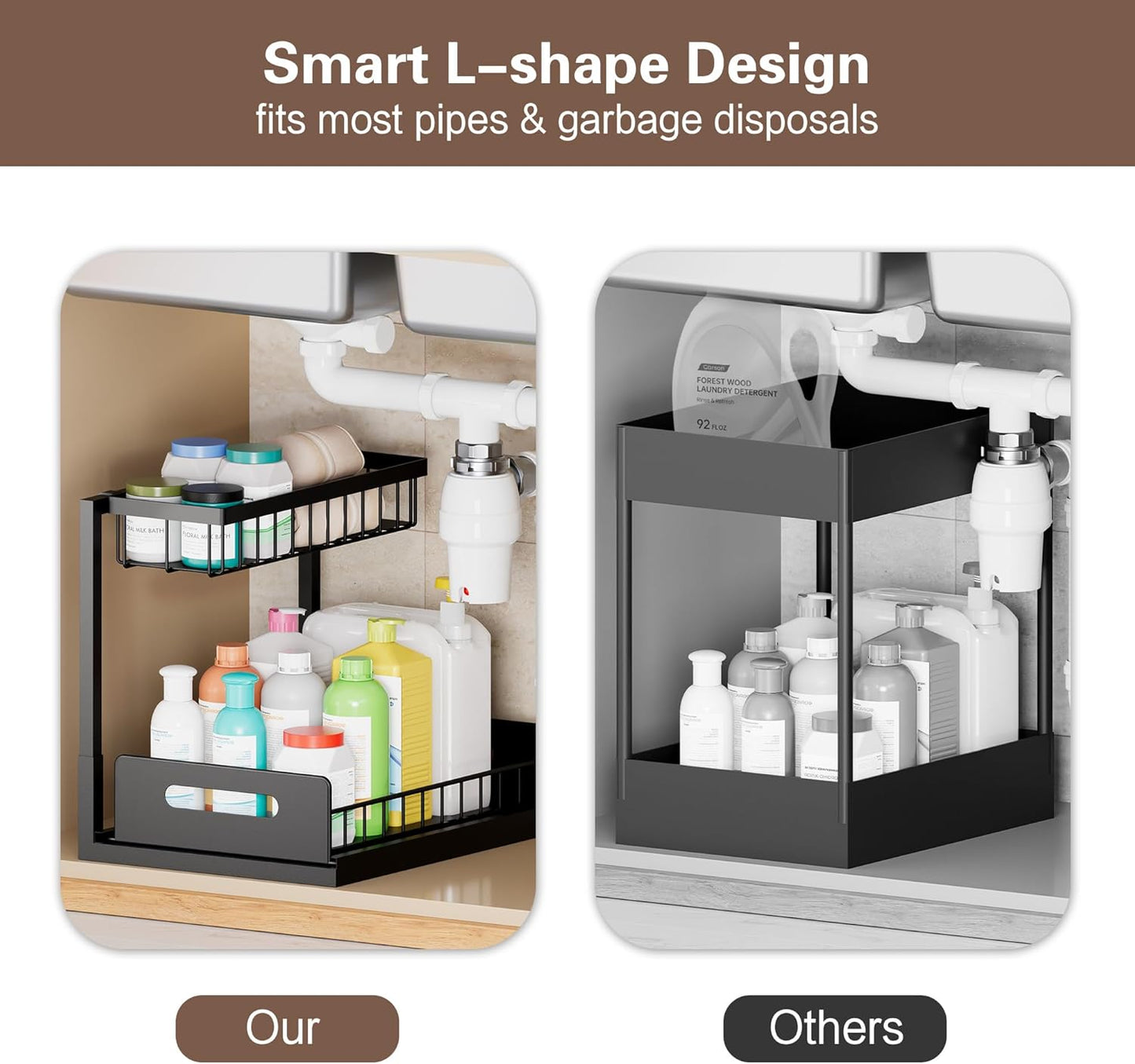 VUSIGN Under Sink Organizer - 2-Tier Metal Pull-Out Shelf for Kitchen & Bathroom - Black, 2 Pack