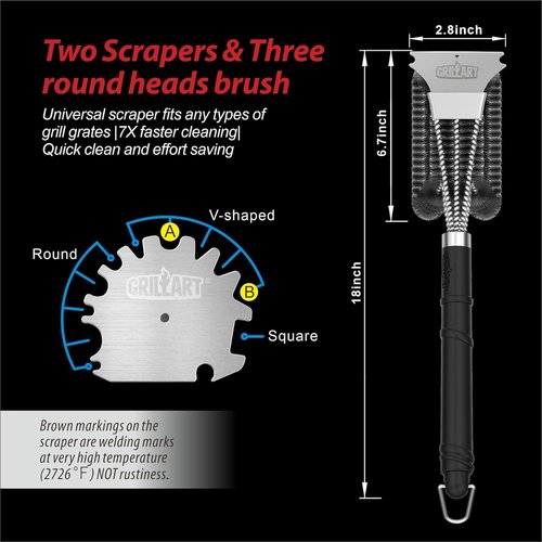 GRILLART Grill Brush - 18 Inch BBQ Cleaning Tool with Safe Wire Scrubber | Universal Fit for All Grates