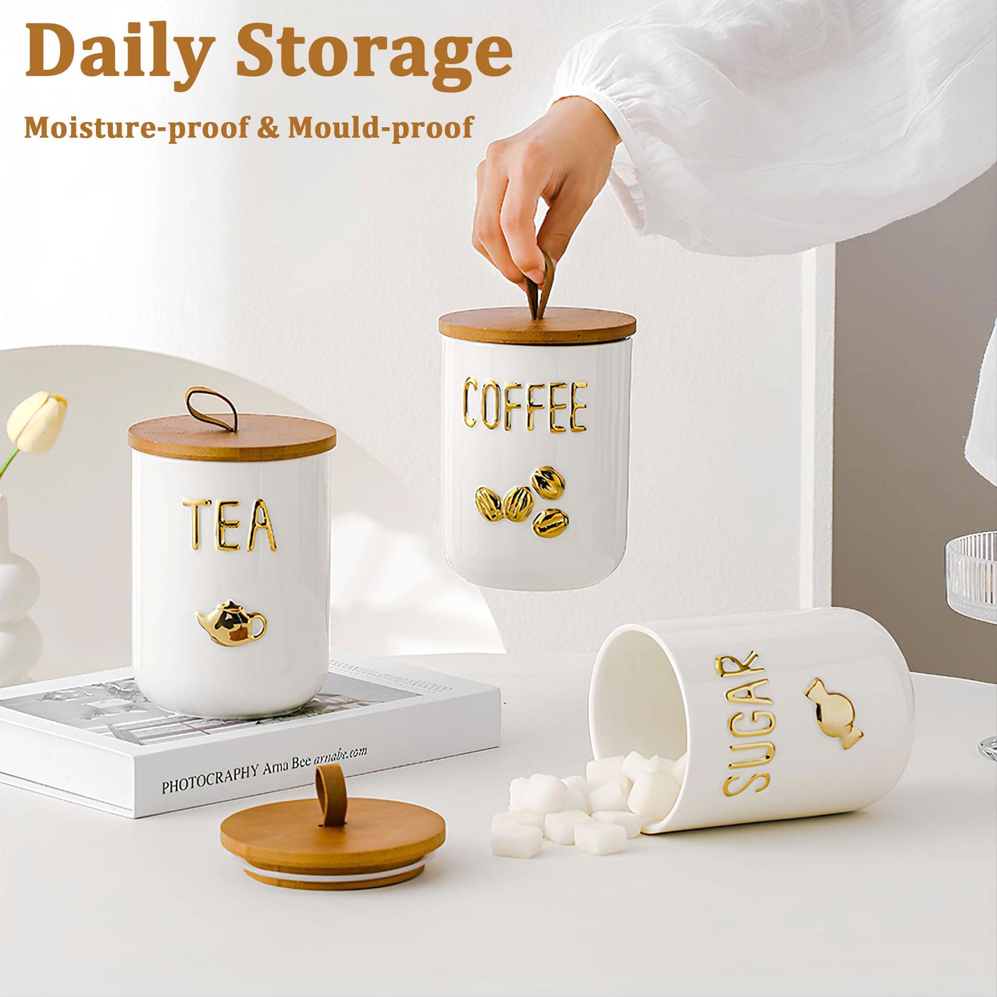 Simcat 27oz Ceramic Canister Set with Airtight Seal Bamboo Lid and Silicone Seal Damp-Proof Kitchen Jar Tea Coffee Sugar Canister Set Food Storage Containers (Portable sealed jar-(coffee))