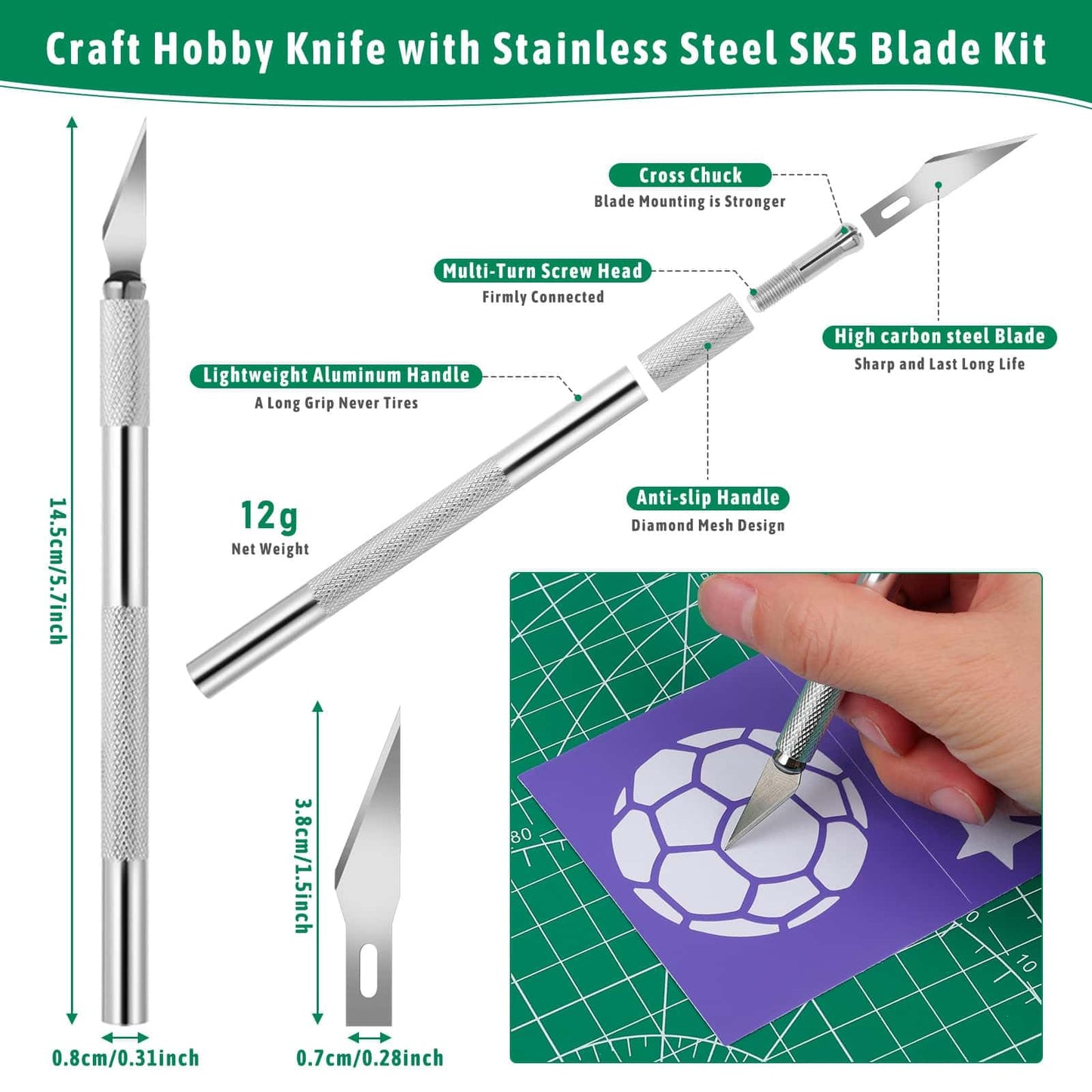 5 Pack Self Healing Cutting Mats and Exacto Knife Set, Sewing Mats with Precision Cutters and Extra 50Pcs SK5 Steel Blade 12" x 18" Work Mat for Crafts, Scrapbooking and Quilting