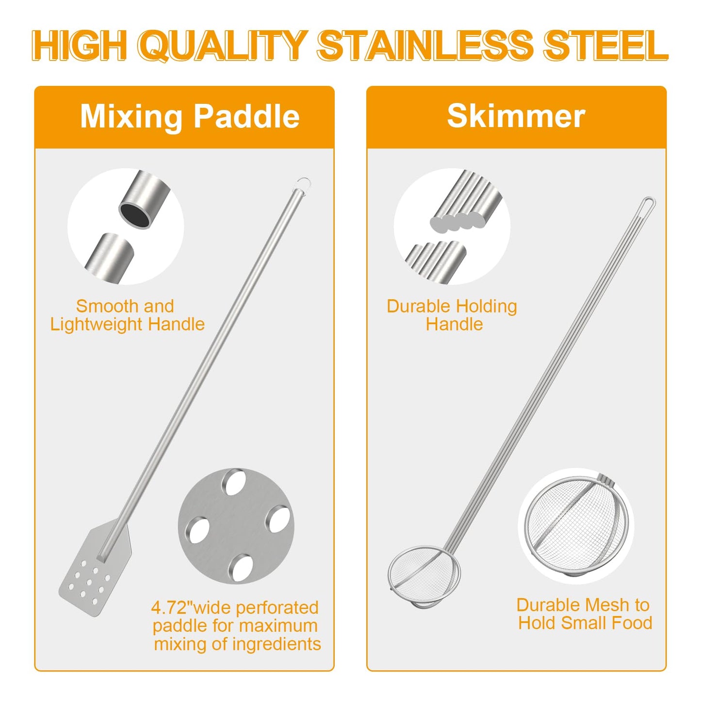 BBQ PLUS 42 Inch Crawfish/Crab Boil Mixing Stir Paddle and Wire Mesh Skimmer Spoon Fryer with Long Handle for Stockpots and Fry Pots,Large Stirring Paddle Skimmer Ladle Accessories