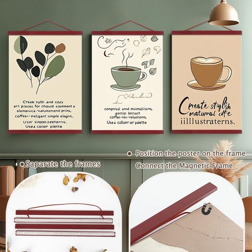 Artmag 2 Pack Magnetic Poster Hanger Frame, 20x28 20x30 20x26 Light Wood Wooden Magnet Canvas Artwork Print Dowel Poster Hangers Frames Hanging Kit (Mahogany, 20",2 Packs)