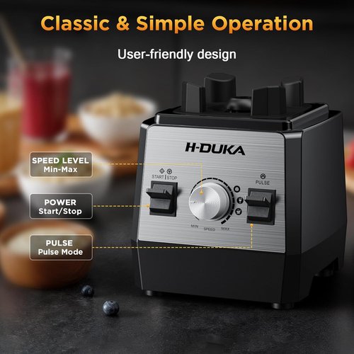 H-Duka Countertop Blender - Powerful 25,000 RPM Smoothie Maker with 64oz Pitcher | Self-Cleaning, Ice Crushing, Silver Black