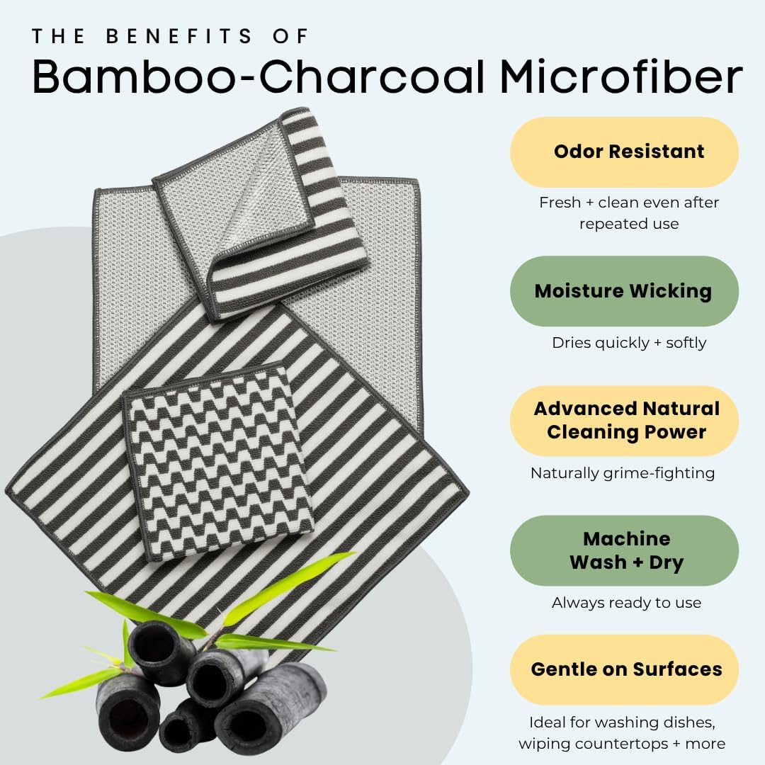 Severn Dish Cloths - Odor-Resistant 4-Pack Kitchen Cleaning Rags with Non-Scratch Scrubber | Bamboo-Charcoal Microfiber