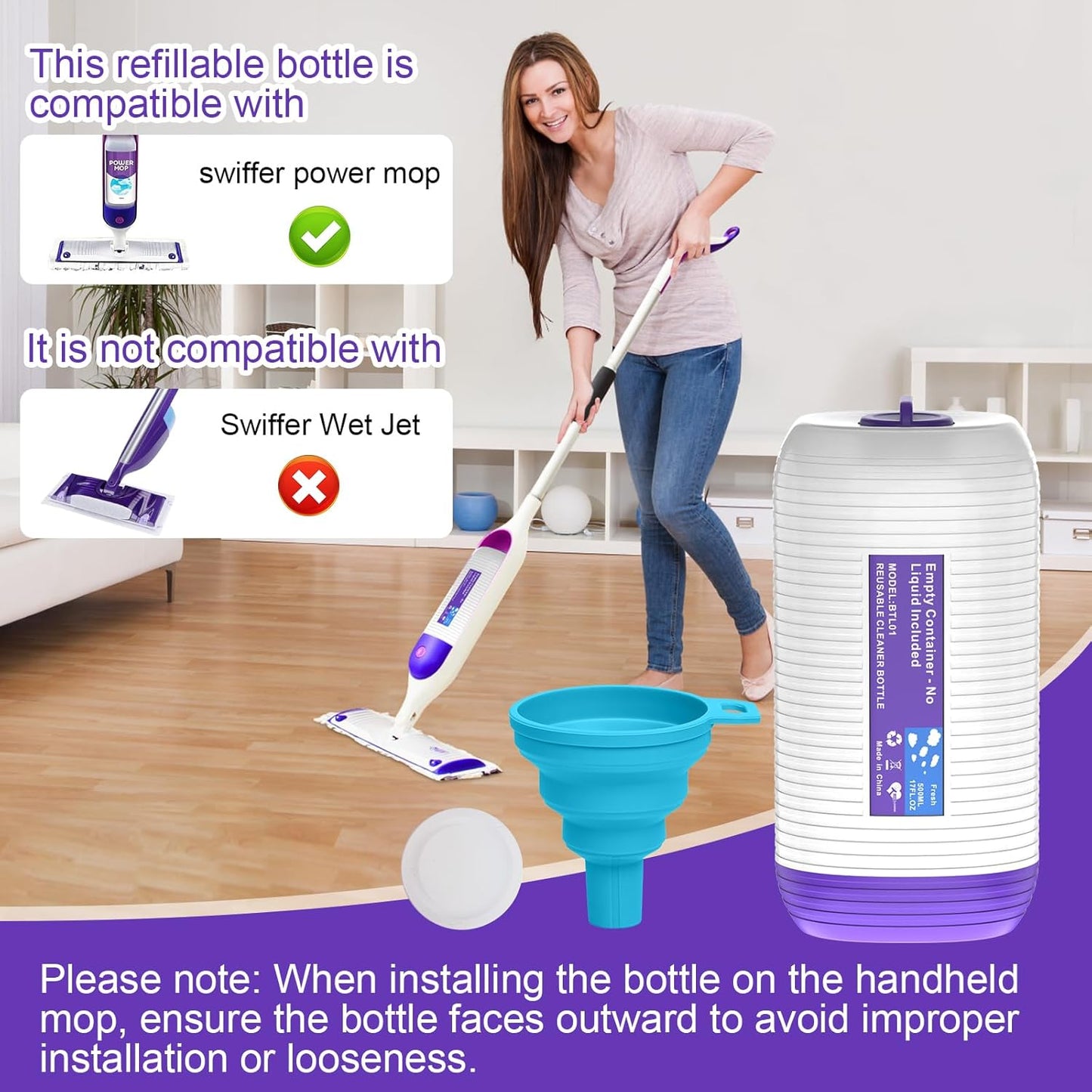 Skiennix Refillable Bottle for Swiffer Power Mop - 500ML Reusable Solution Container with 6 Leak-Proof Seals & Funnel