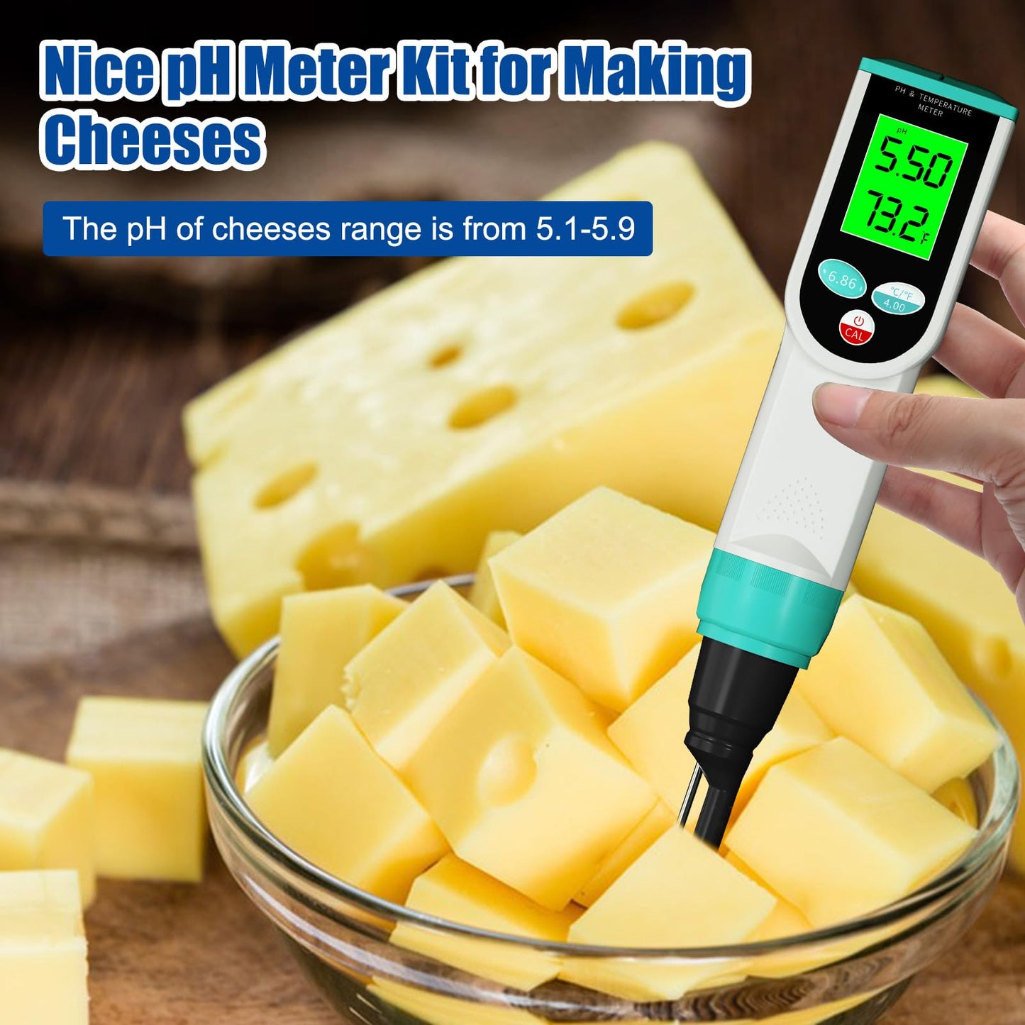 Yewhick Food pH Meter, Digital Waterproof pH Tester with High Accuracy pH/Temperature Probe, Ideal for Sourdough, Cheese, Solid Samples, and Liquid Foods, 0.01 Resolution