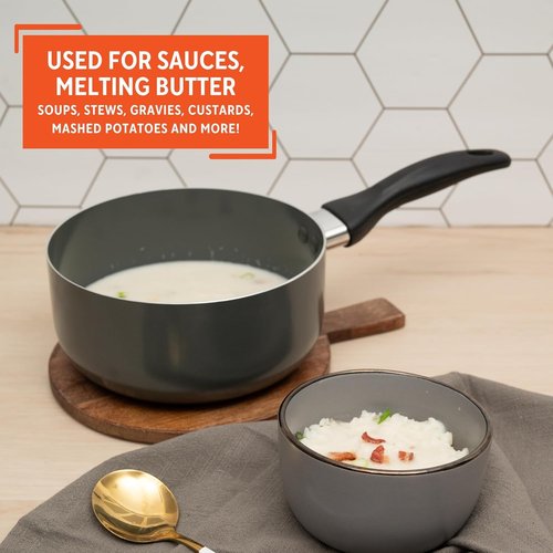 IMUSA Gray Ceramic Saucepan - 1.5 Qt Nonstick Pot with Glass Lid & Cool-Touch Handle for Sauces, Soups, Stews