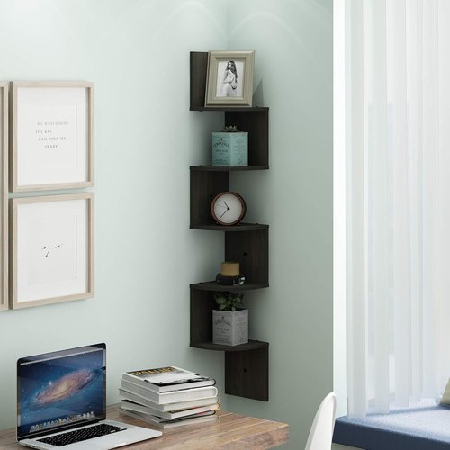Furinno ROSSI Floating Book Shelves - 5-Tier Zigzag Corner Shelf for Living Room, Bedroom & Office | Espresso