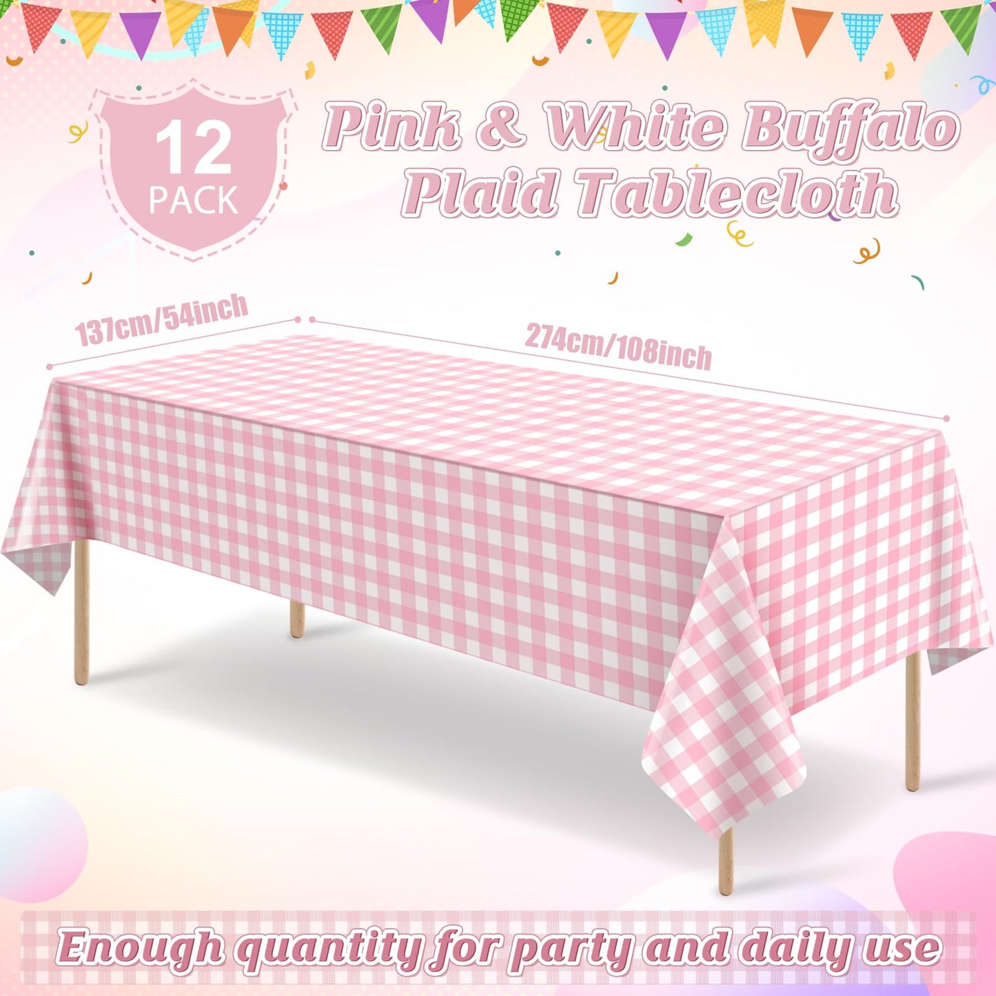 12Pack Pink and White Plastic Checkered Tablecloth, Premium Decorative Disposable Pink Gingham Plaid Table Cloths for Parties, Rectangle Party Table Cover for Picnic Farm Birthday Wedding, 54x108 Inch