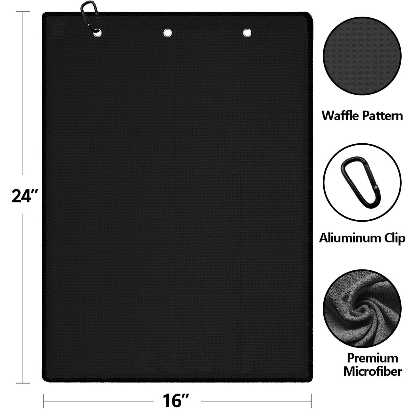 Solvora 3 Pack Golf Towels - 16"x24" Tri-Fold Waffle Microfiber Golf Towel for Golf Bag/Golf Cart, Heavy-Duty Carabiner & Ultra Absorbent Fabric to Wipe Sand, Mud & Sweat (Black/Grey/Red)