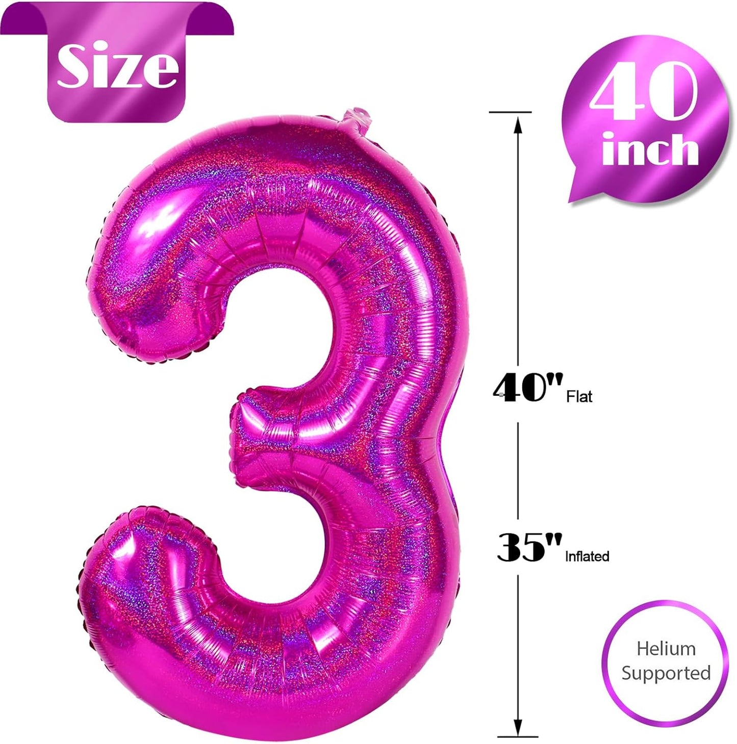 Laser | Hot Pink Number 3 Balloon - 40 Inch Birthday Decoration for Kids & Women’s Parties