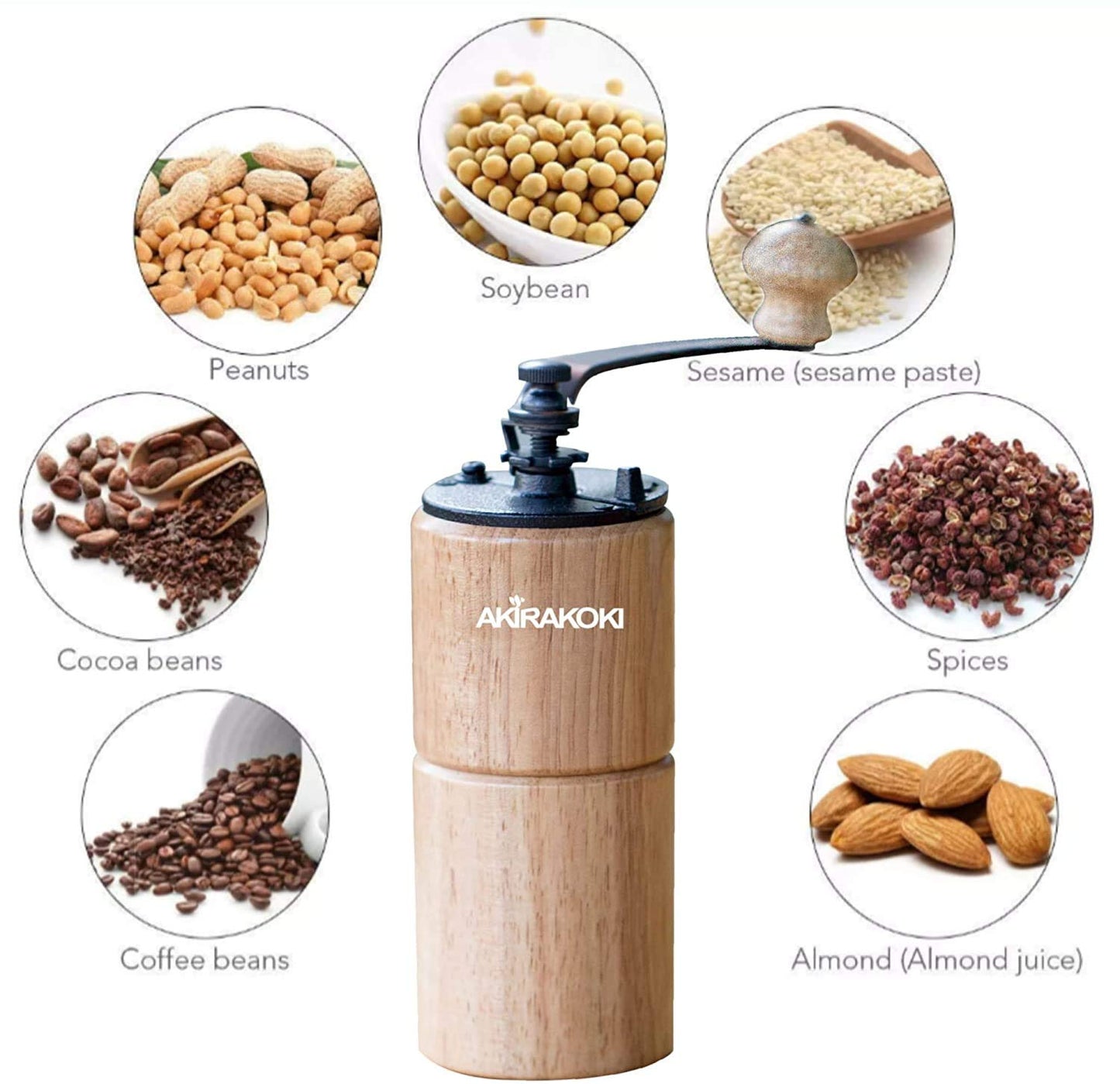 AKIRAKOKI Manual Coffee Bean Grinder Wooden Mill with Cast Iron Burr, Large Capacity Hand Crank, Portable Travel Camping Adjustable (light)