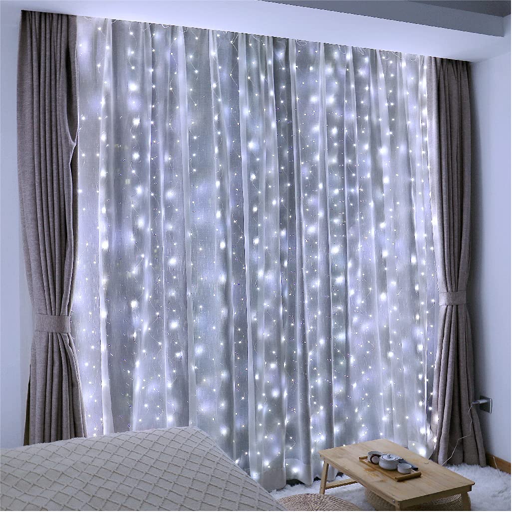 ZSJWL 300 LED White Curtain Lights, 9.8x9.8Ft DIY Windows Fairy String Lights with Remote 8 Modes Timer for Bedroom, USB Plug in Fairy Curtain Lights for Indoor Outdoor Weddings Party Garden Wall