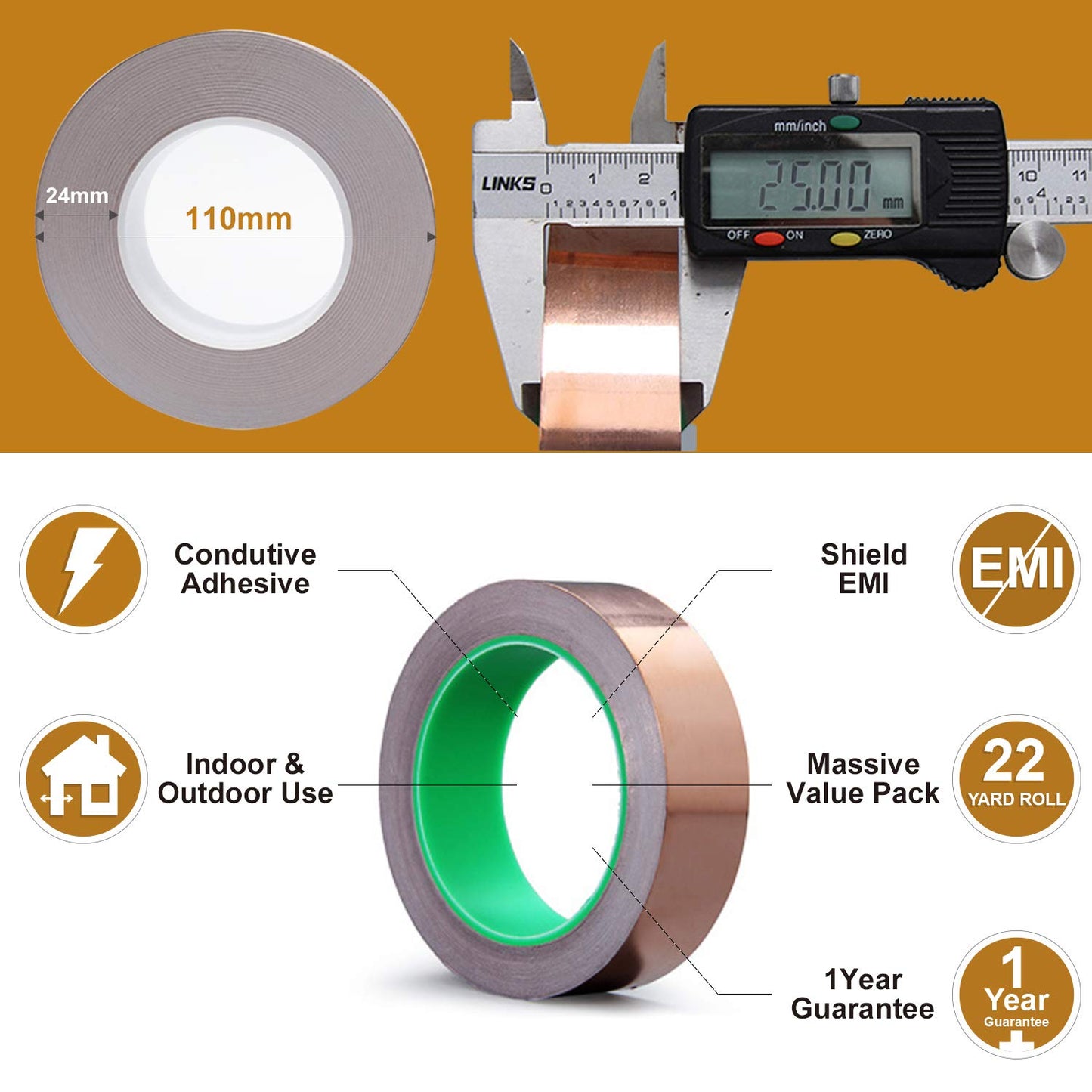 LOVIMAG Copper Foil Tape (1inch X 66 FT) with Conductive Adhesive for Guitar and EMI Shielding, Crafts, Electrical Repairs, Grounding,Masking Tape.