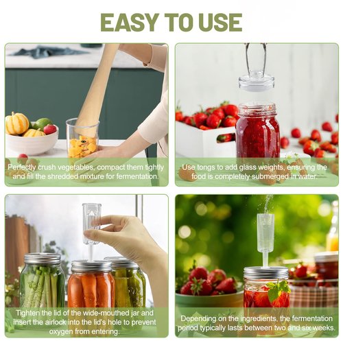 Fermentation Kit for Wide Mouth Mason Jars-4 Stainless Steel Fermentation Lids,4 Glass Fermentation Weights,1 Silicone Tong,1 sauerkraut pound, 1Wooden Handle Brush Cleaner（ Jars Not Included ）