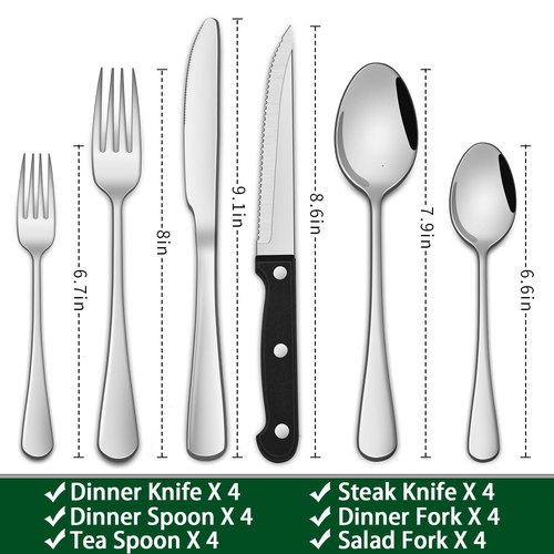 24-Piece Silverware Set with Steak Knives,Flatware Set Service for 4 Person, Food-Grade Stainless Steel Cutlery Set,Includes Knife Spoon And Fork, Mirror Finished Utensil Sets for Home Restaurant