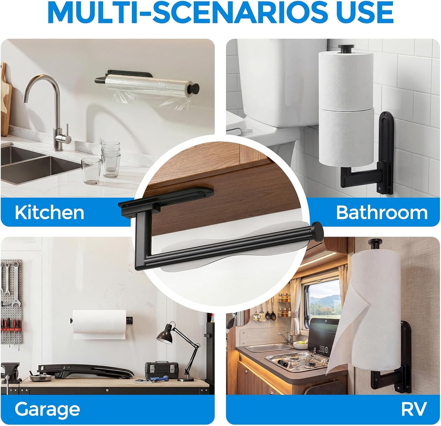 Zaa Paper Towel Holder - Under Cabinet Wall Mount, Self-Adhesive or Drilling, One-Hand Tear, Black Finish